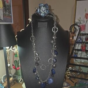 Silver-Tone Layered Necklace with Navy and Gray Beads